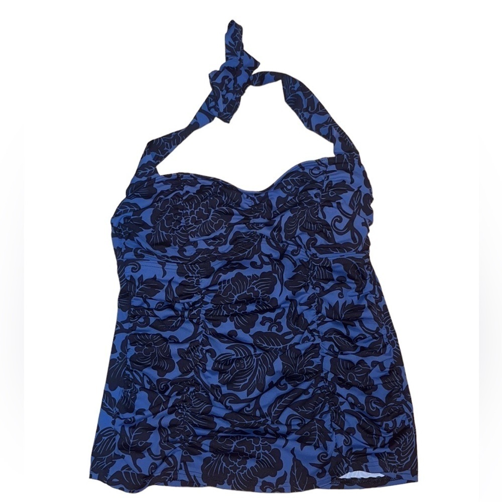 Floral Halter Tankini Top Blue Black Swimsuit Top Ruched Swimwear size 6‎